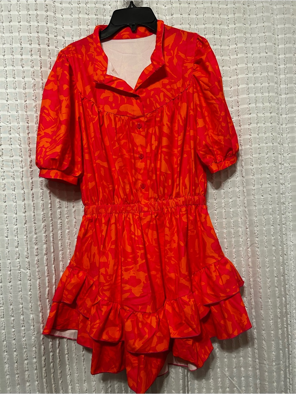 Orange Red Abstract Floral Ruffle Skort Romper Short Sleeve Collared Size S